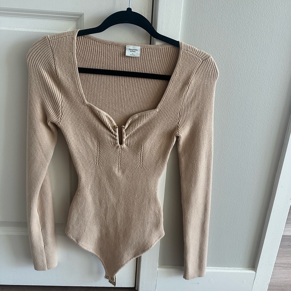 Abercrombie Beige Ribbed Long Sleeve Bodysuit